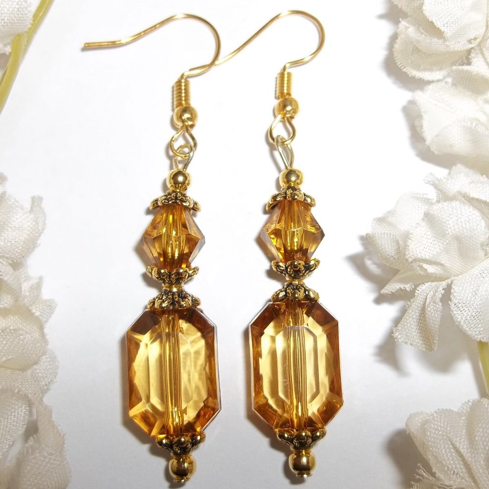 Earrings, Yellow Earrings, Faux Amber Earring, Orange and Gold Earring, NWT 7895